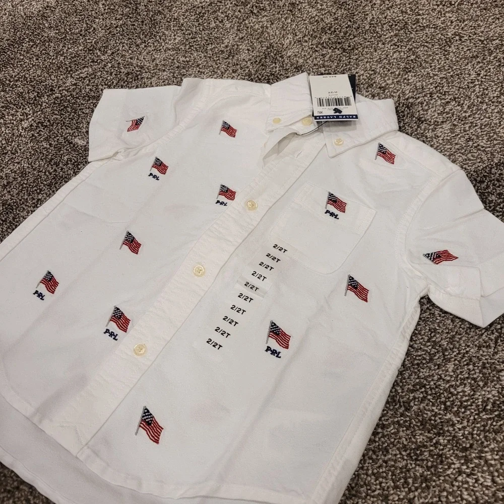 Ralph Lauren Toddler Boys White American Flag Embroidered Oxford Shirt 2T NEW